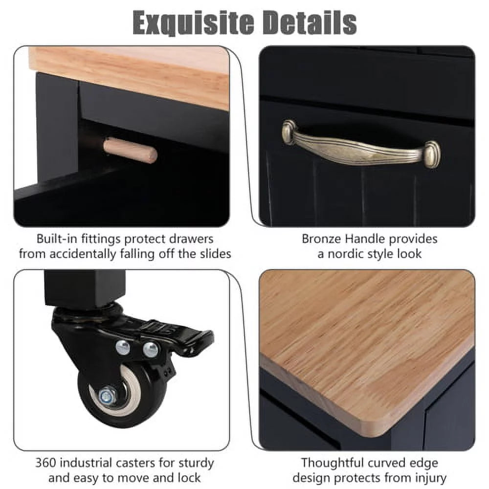 Black Rolling Kitchen Island Cart with 3 Drawers H93656
