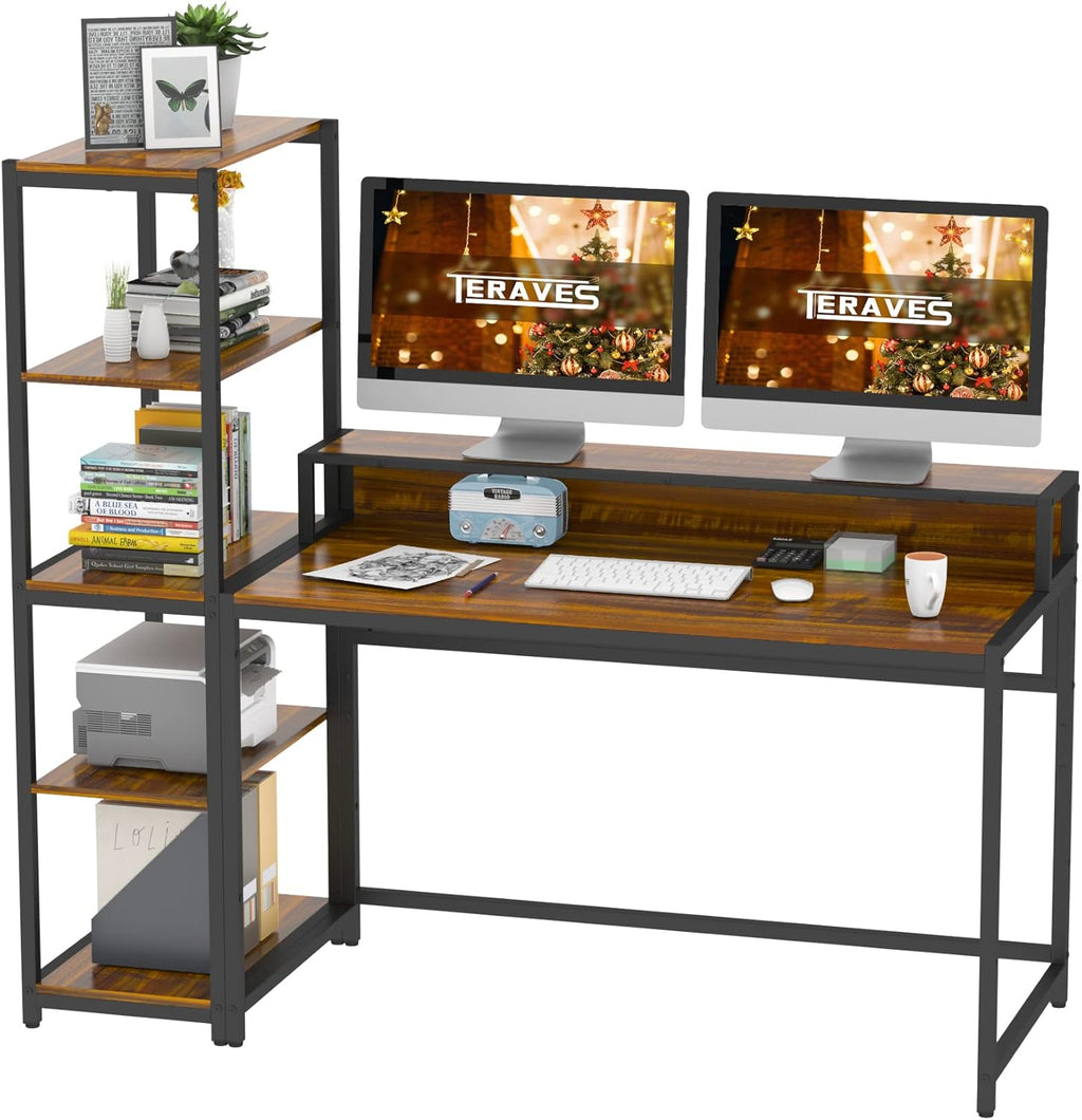 47 Inch Reversible Computer Desk with 5 Tier Shelves and Storage P6539