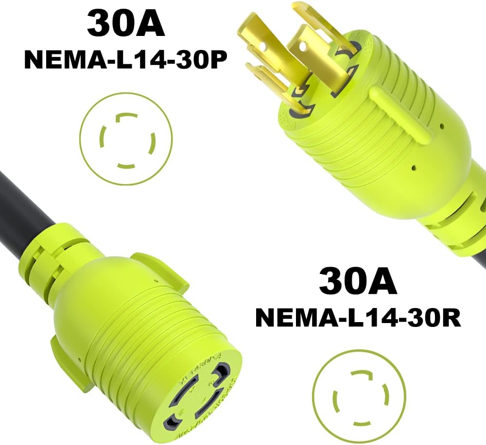 4 Prong 30 Amp Generator Extension Cord, NEMA L14-30P/L14-30R 10 Gauge SJTW, Twist Lock Plug, 125/250V, 30Amp 7500W, 25FT, Pack of 2 A9913