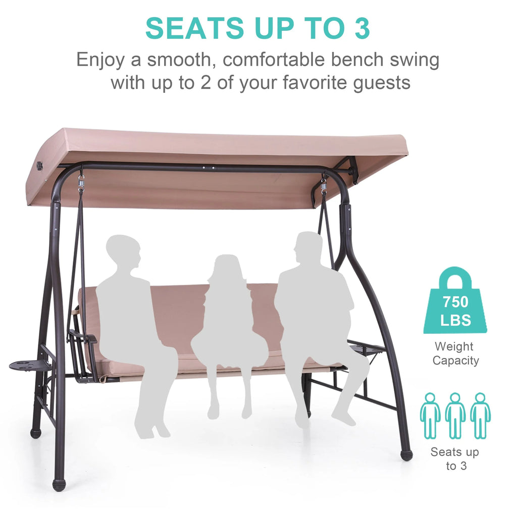 3-Seat Outdoor Converting Canopy Swing Glider Hammock with Foldable Side Table - Beige W212