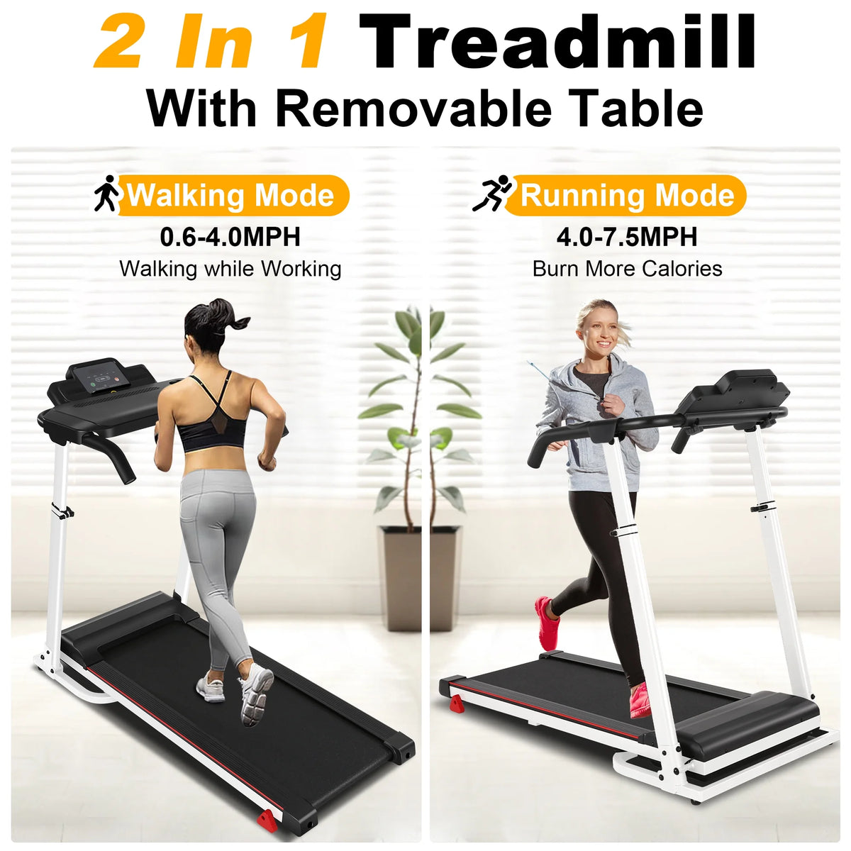 White Folding Treadmill with Removable Tabletop and Incline K96200