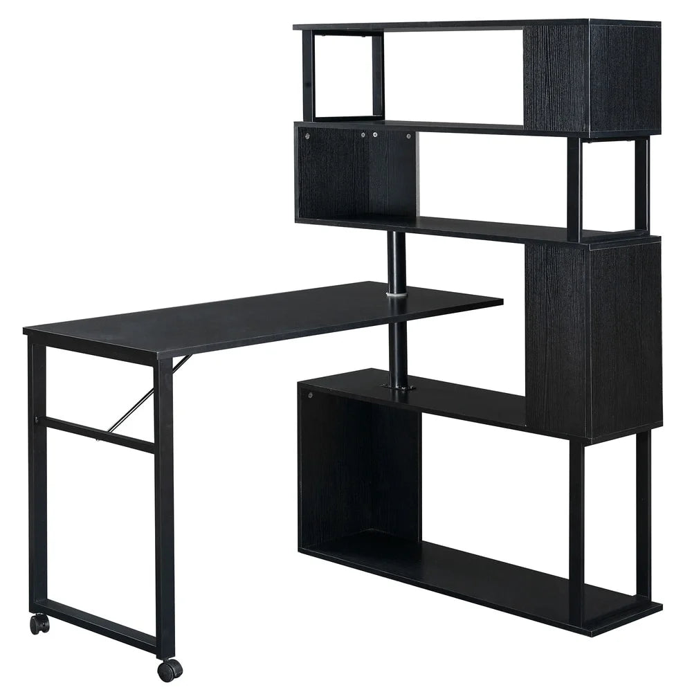 L-Shaped Corner Computer Desk with 5-Tier Bookshelf Black L2371