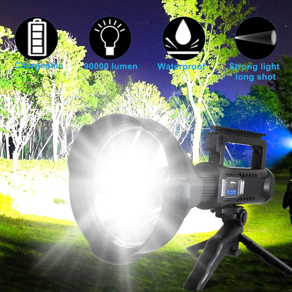 Rechargeable LED Spotlight Flashlights 90000 Lumens XHP90.2 Super Bright Searchlight with 4 Modes IPX5 Waterproof Large Flashlight with Tripod B21397