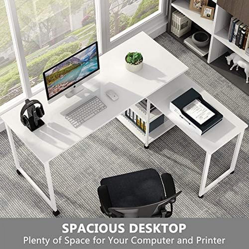 L-Shaped Desk 55 inch Reversible Corner Computer Desk with Shelves White A71229