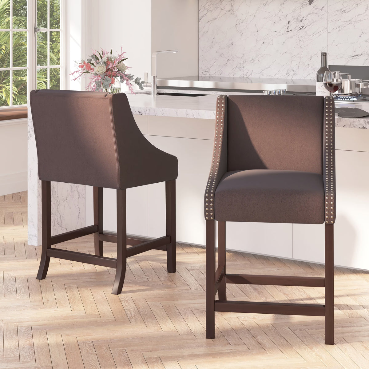 Walnut Counter Height Stool with Nailhead Trim in Brown Fabric - Set of 2 E72995