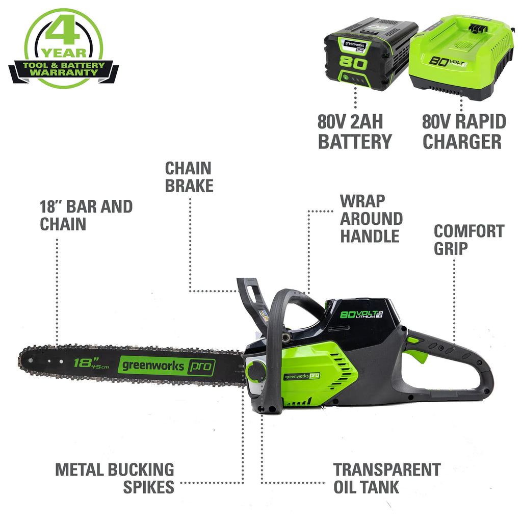 80V 18-inch Cordless Brushless Chainsaw Kit with 2.0 Ah Battery & Charger O6884