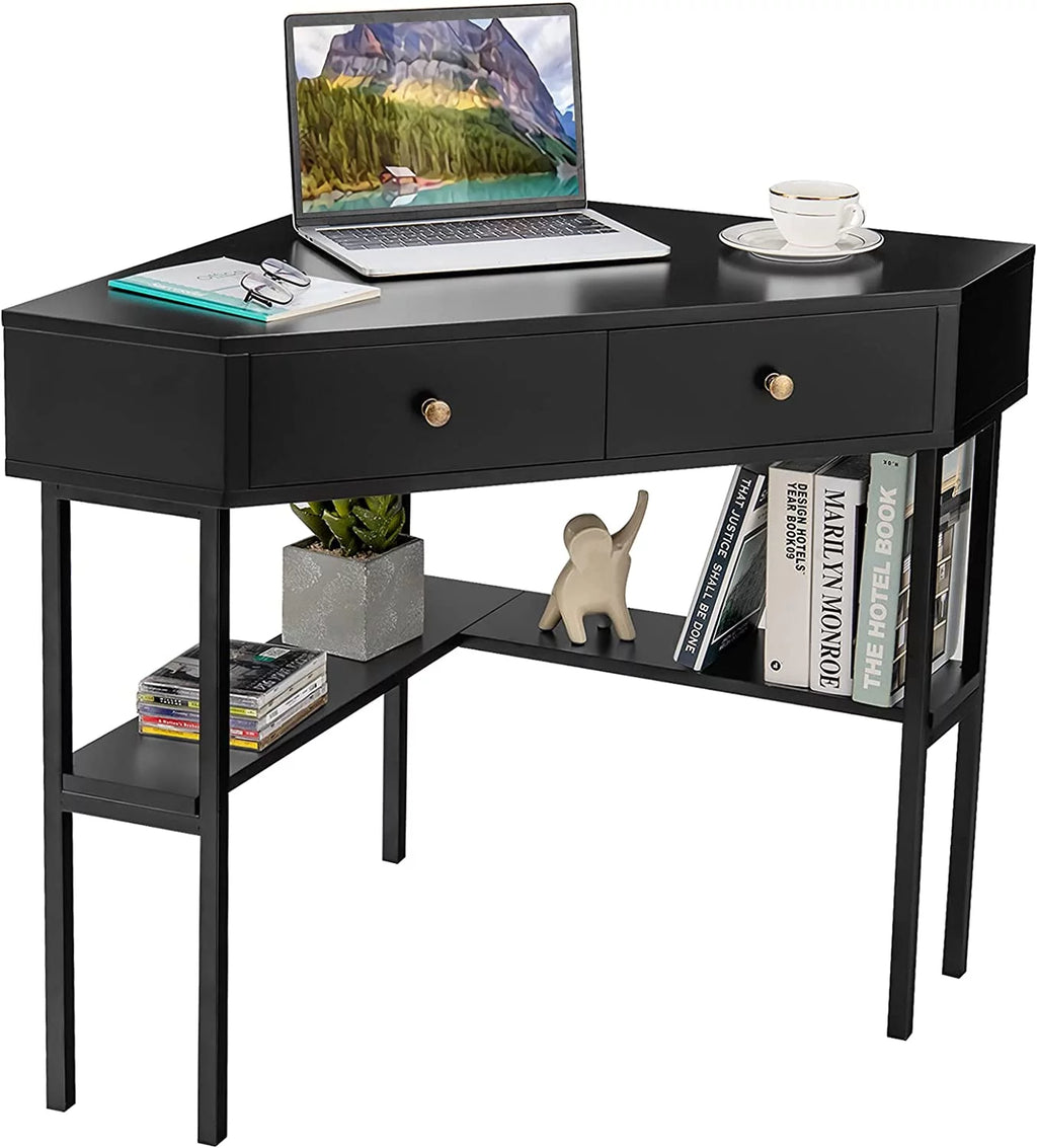 Corner Desk with 2 Drawers, Storage Shelves & Steel Frame S366