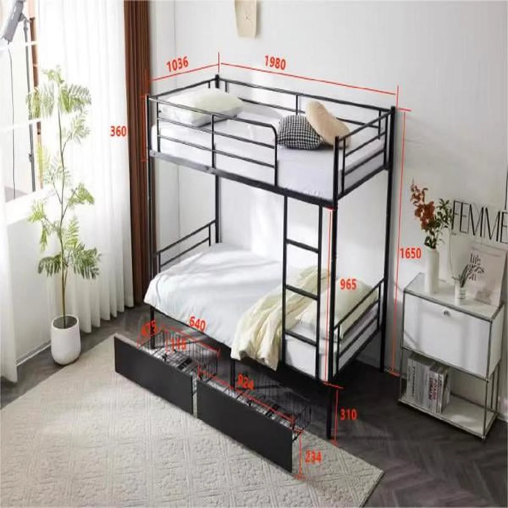 Black Twin Over Twin Iron Convertible Bunk Bed with 2 Storage Drawers B5482