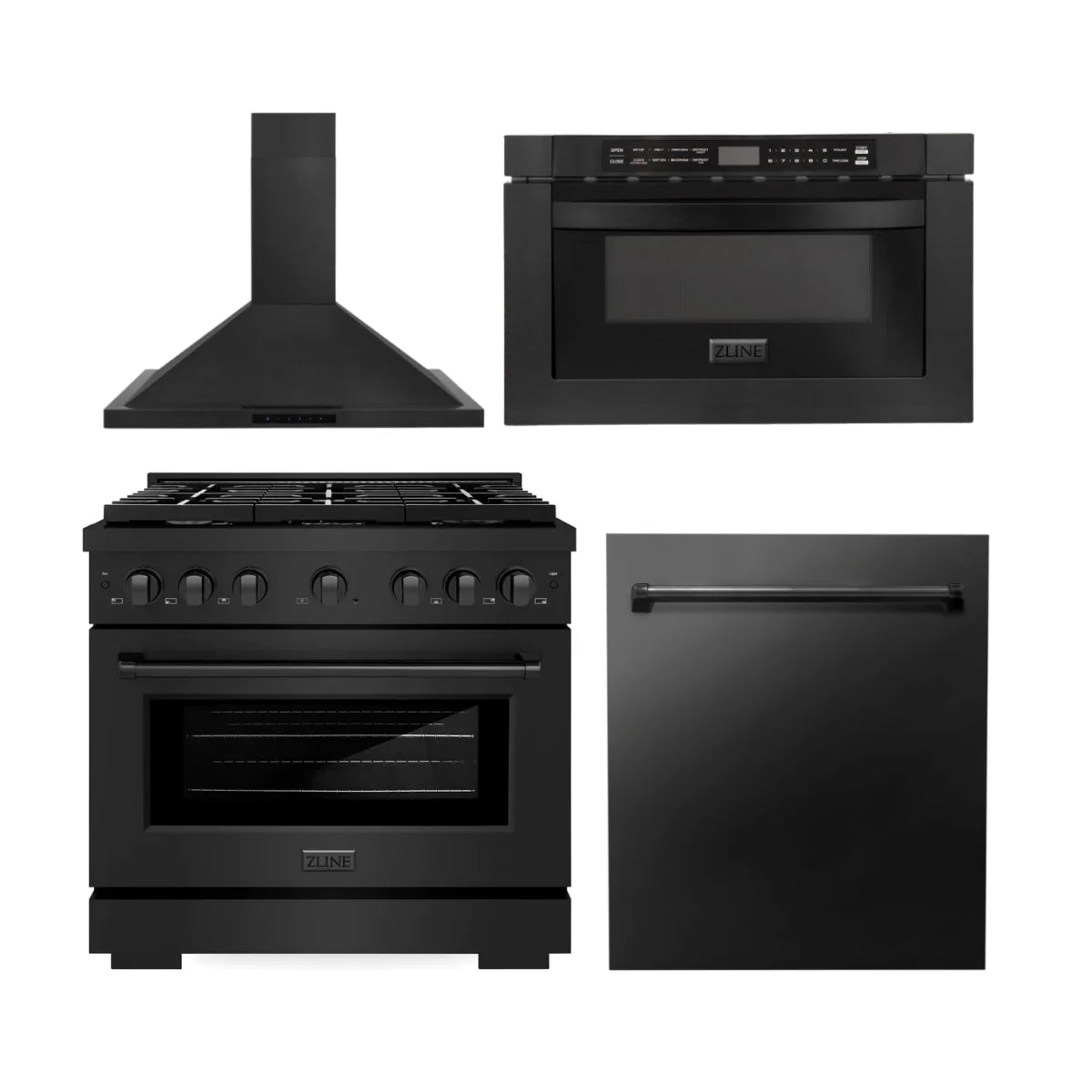 36 in. Black Stainless Steel Gas Range, Range Hood, Microwave Drawer and Dishwasher G941