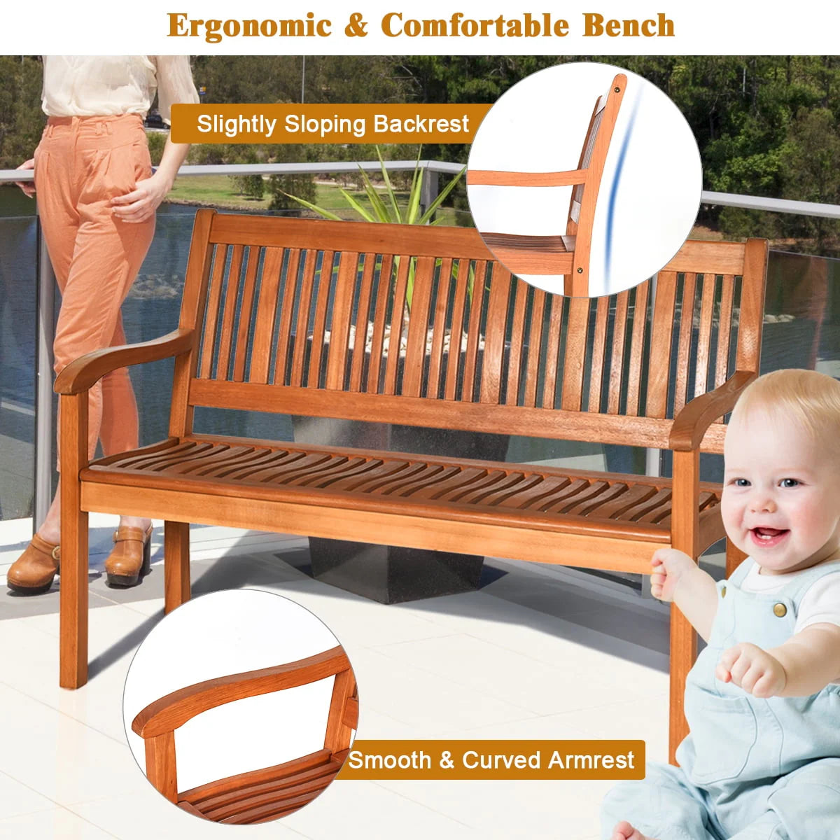 50'' Two Person Outdoor Bench Loveseat Solid Wood H205