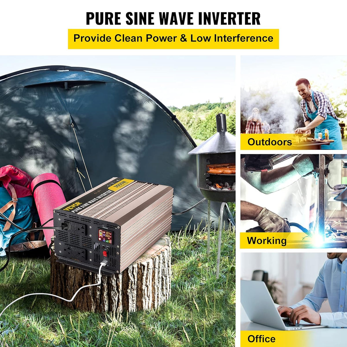 3000 Watt Pure Sine Wave Power Inverter, DC 12V to AC 110V, with LCD Display, 5V USB Port, AC Outlets (GFCI) O9477
