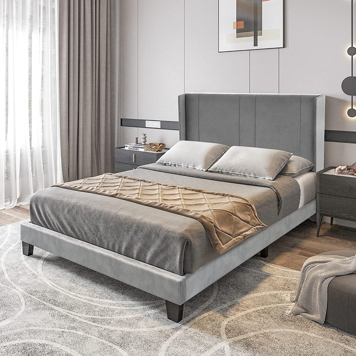 Upholstered Bed Frame with Headboard Wood Slat Full M164