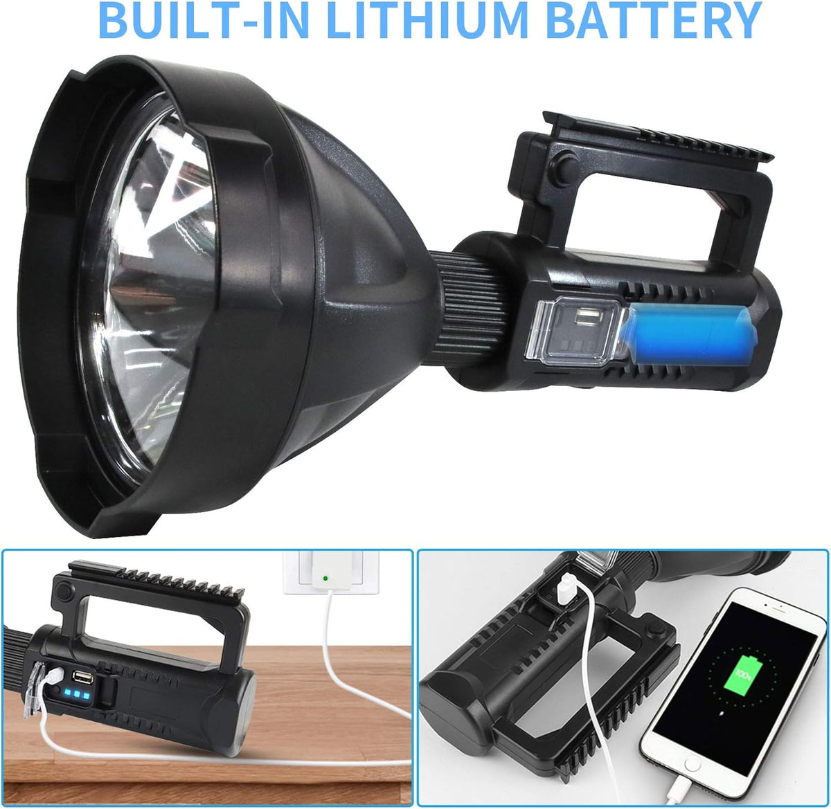 Rechargeable LED Spotlight Flashlights 90000 Lumens XHP90.2 Super Bright Searchlight with 4 Modes IPX5 Waterproof Large Flashlight with Tripod B21397
