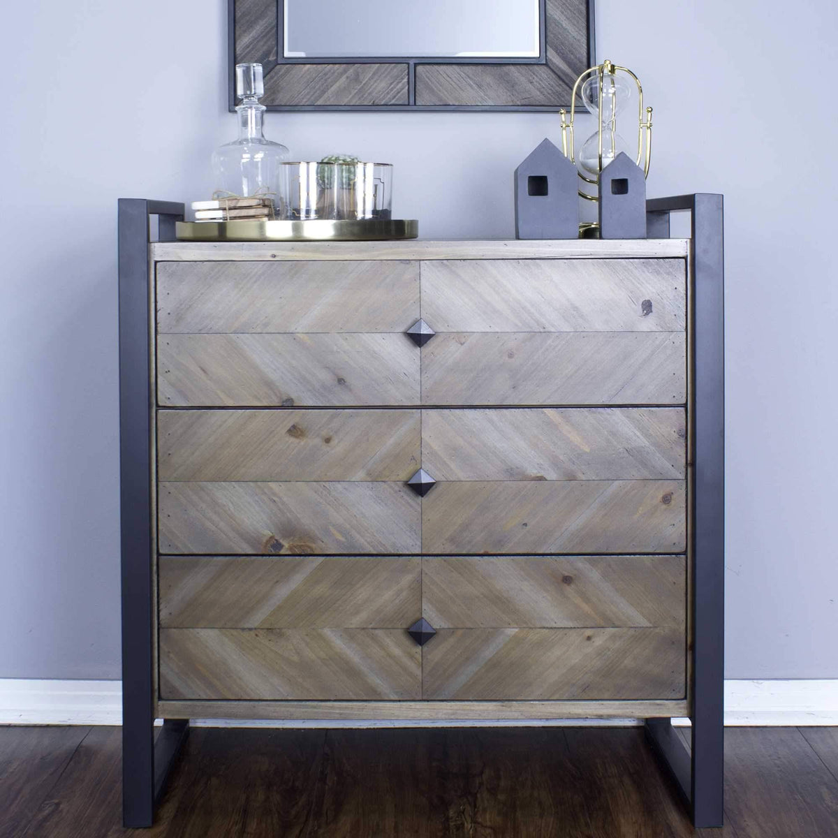 Natural and Turquoise Metal Wood MDF Accent Cabinet with 3 Drawers X64456