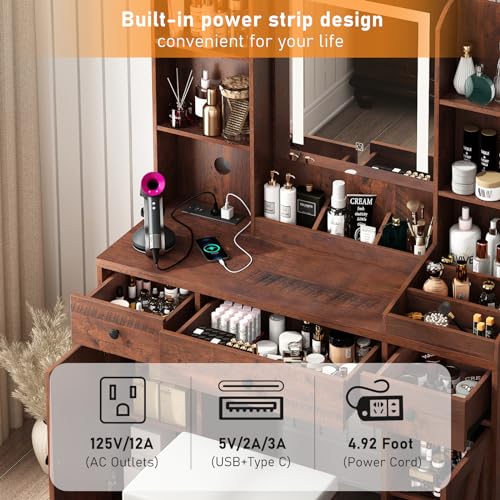 43" White Vanity Desk with Outlet, Stool, Mirror, Lights, 11 Shelves, 3 Drawers, 2 Cabinets C458