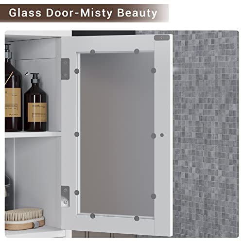 White Tall Bathroom Storage Cabinet with 2 Open Compartments and 2 Cabinets with Doors G743850