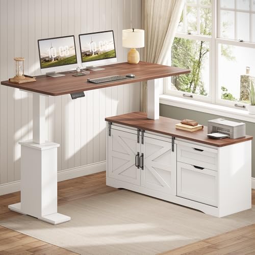 Black L Shaped Standing Desk with Storage Drawers and Power Outlets U916756