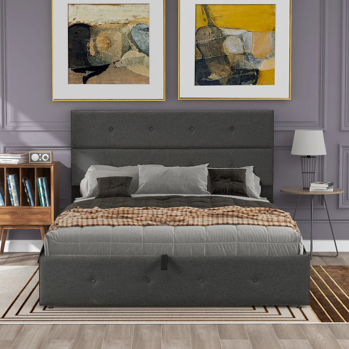 Gray Queen Size Upholstered Lift Up Platform Bed with Headboard and Underneath Storage B380445