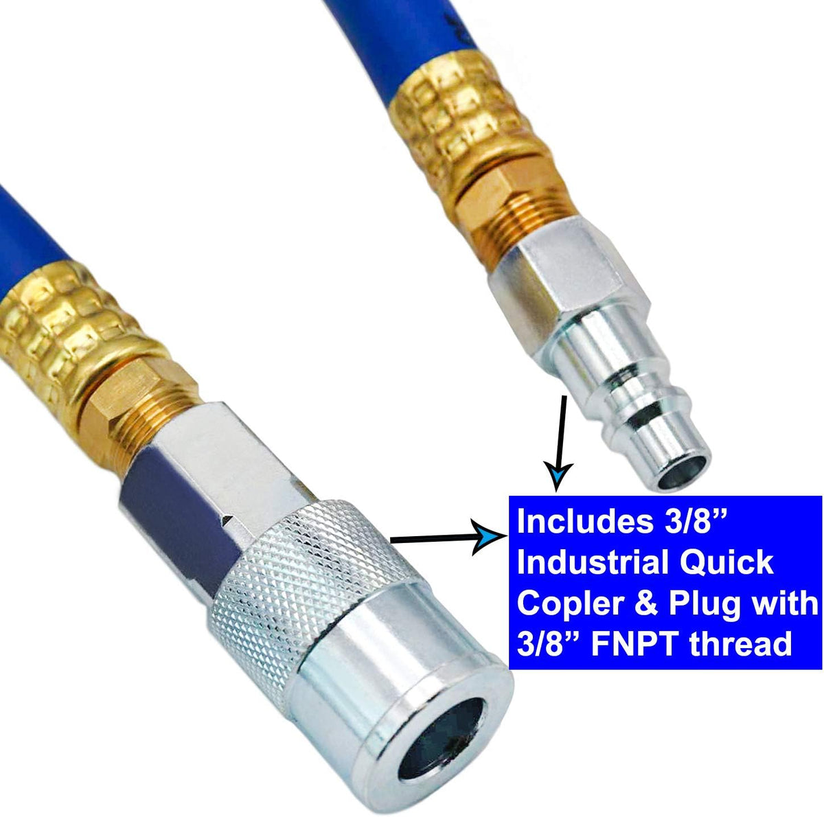 Hybrid Air Hose 1/2-Inch I.D. by 100-Feet Long Solid Brass Fittings 300 PSI Heavy Duty Lightweight Kink Resistant with 3/8" and 1/4" Industrial Quick Coupler Connectors Blue Y614185