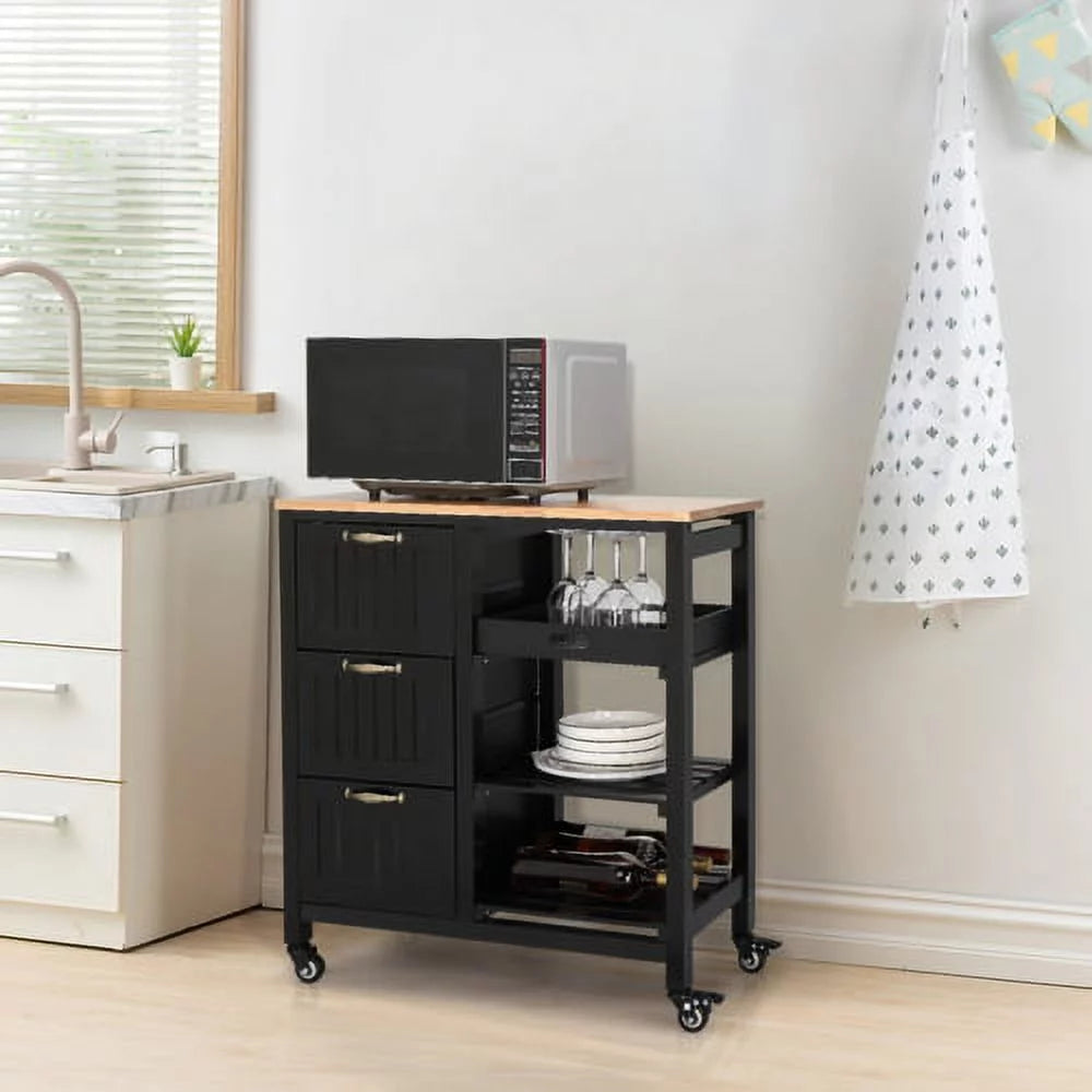 Black Rolling Kitchen Island Cart with 3 Drawers H93656