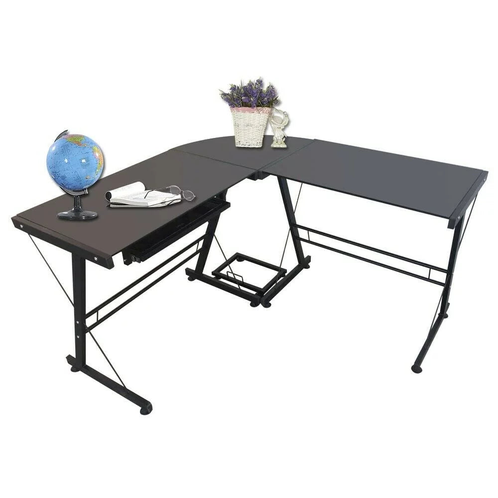 L-Shaped Tempered Glass Computer Desk with Shelf & Keyboard Tray C874