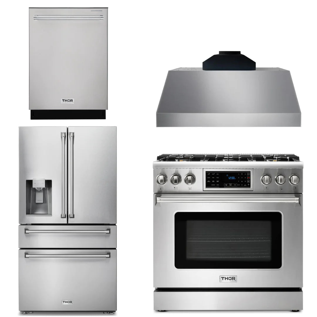 36 Propane Gas Range, Range Hood, Refrigerator with Water and Ice Dispenser, Dishwasher N4260
