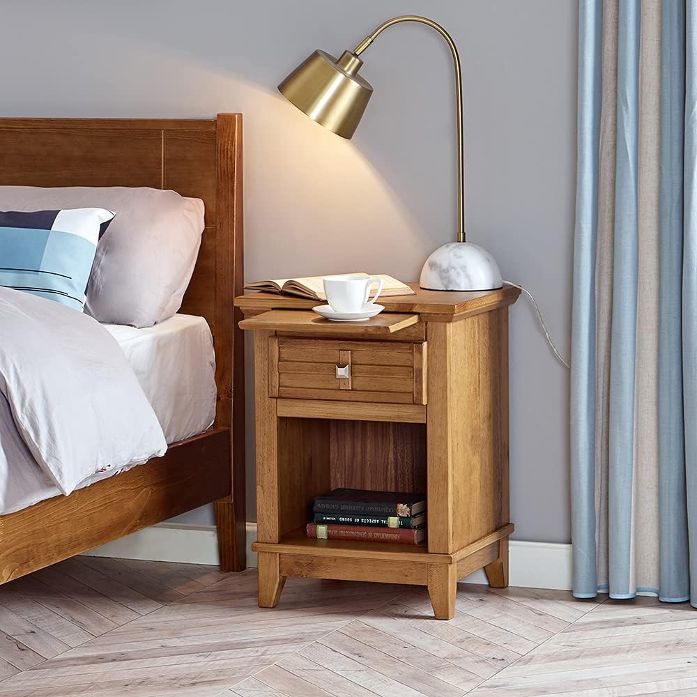 Teak Finish Wood Nightstand with Drawer and Pull-Out Tray S1828
