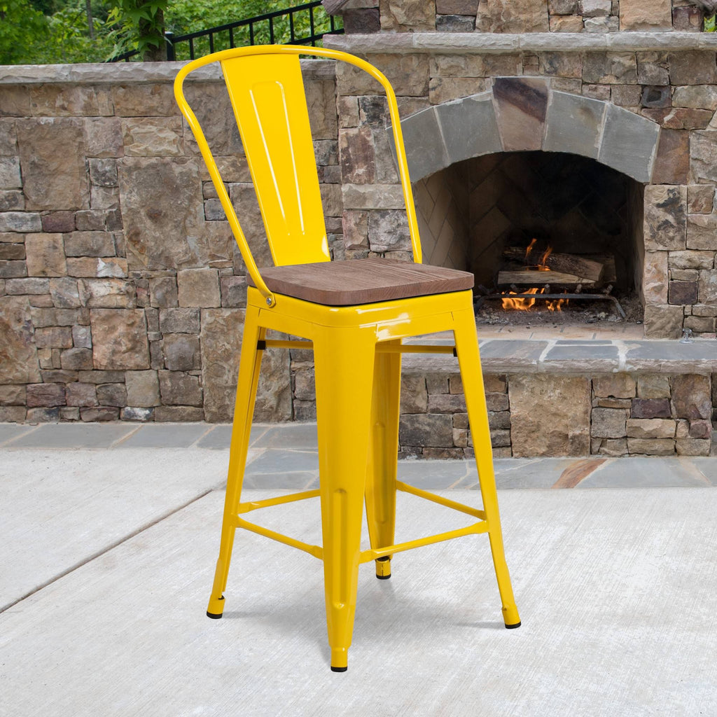 Yellow Metal Counter Height Stool with Back and Wood Seat K2268
