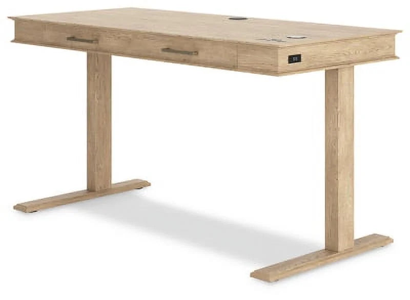 Light Brown Adjustable Height Desk with USB Ports & 2 Drawers R366