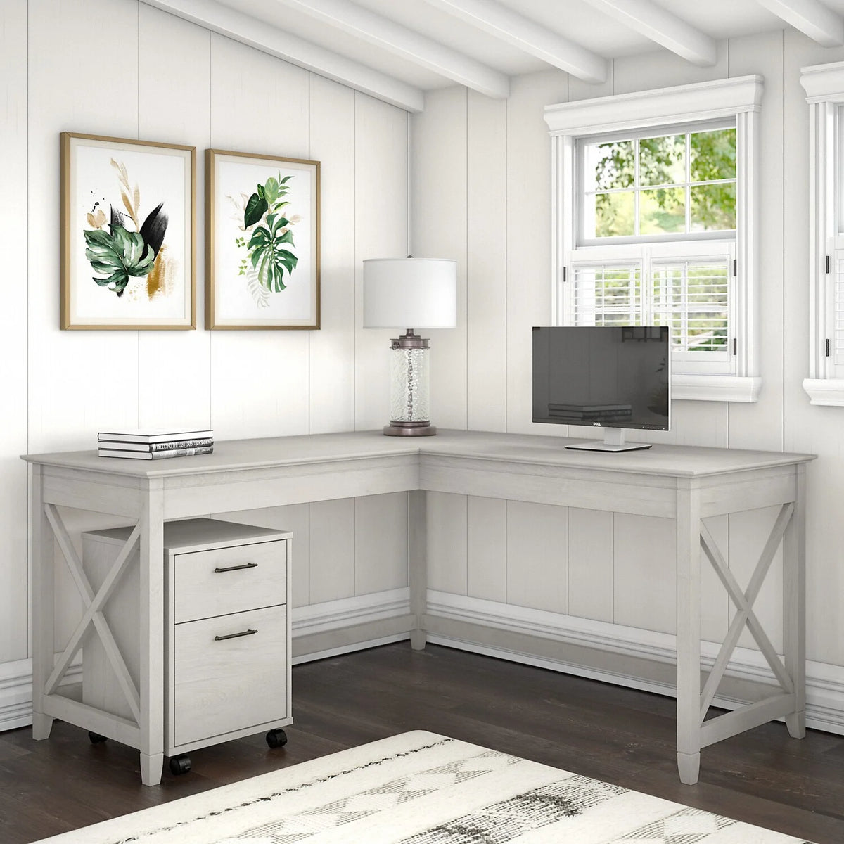 60W L Shaped Desk With 2 Drawer Mobile File Cabinet S624904