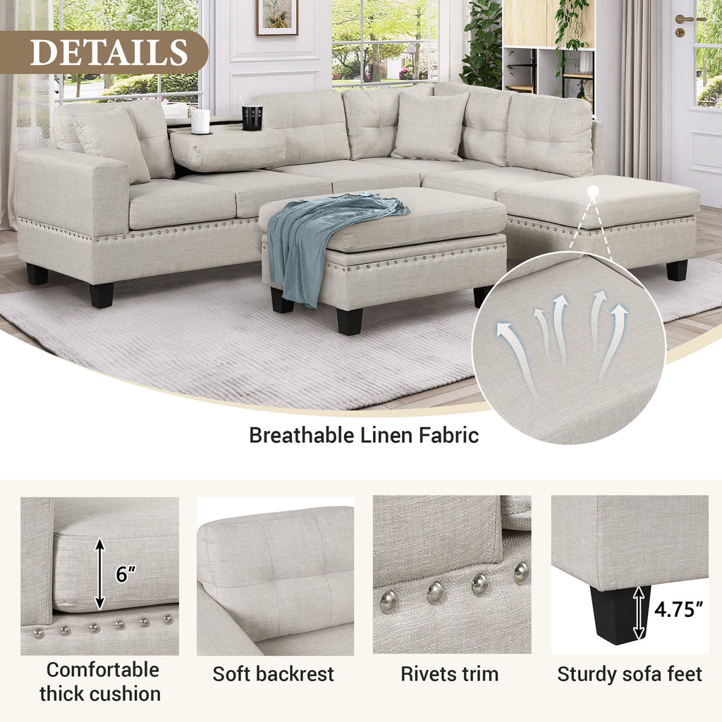 Light Gray Sectional Sofa with Storage Ottoman and Cup Holder O628309