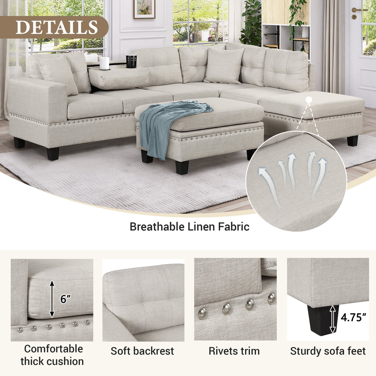 Light Gray Sectional Sofa with Storage Ottoman and Cup Holder O628309