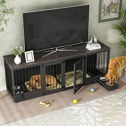 Black Heavy Duty Wooden Dog Crate with Dog Bowl Drawers & Divider X8078