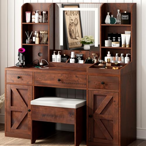 43" White Vanity Desk with Outlet, Stool, Mirror, Lights, 11 Shelves, 3 Drawers, 2 Cabinets C458
