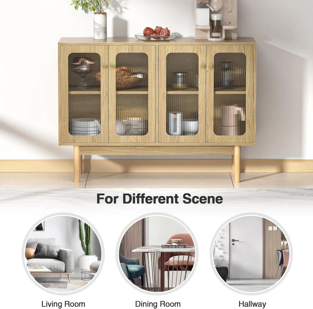 4 Door Wood Buffet Cabinet with Glass Door and Adjustable Shelves M59437
