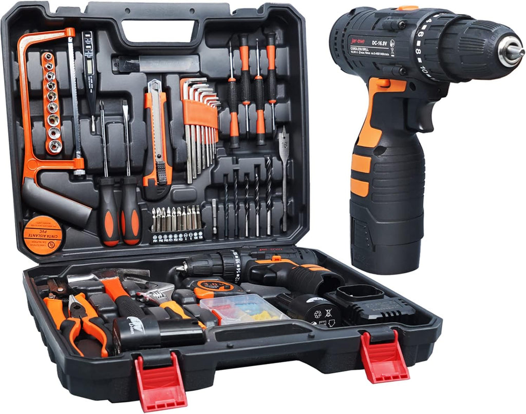 16.8V Cordless Drill with 91 Piece Tool Set and Plastic Toolbox Storage Case V2541