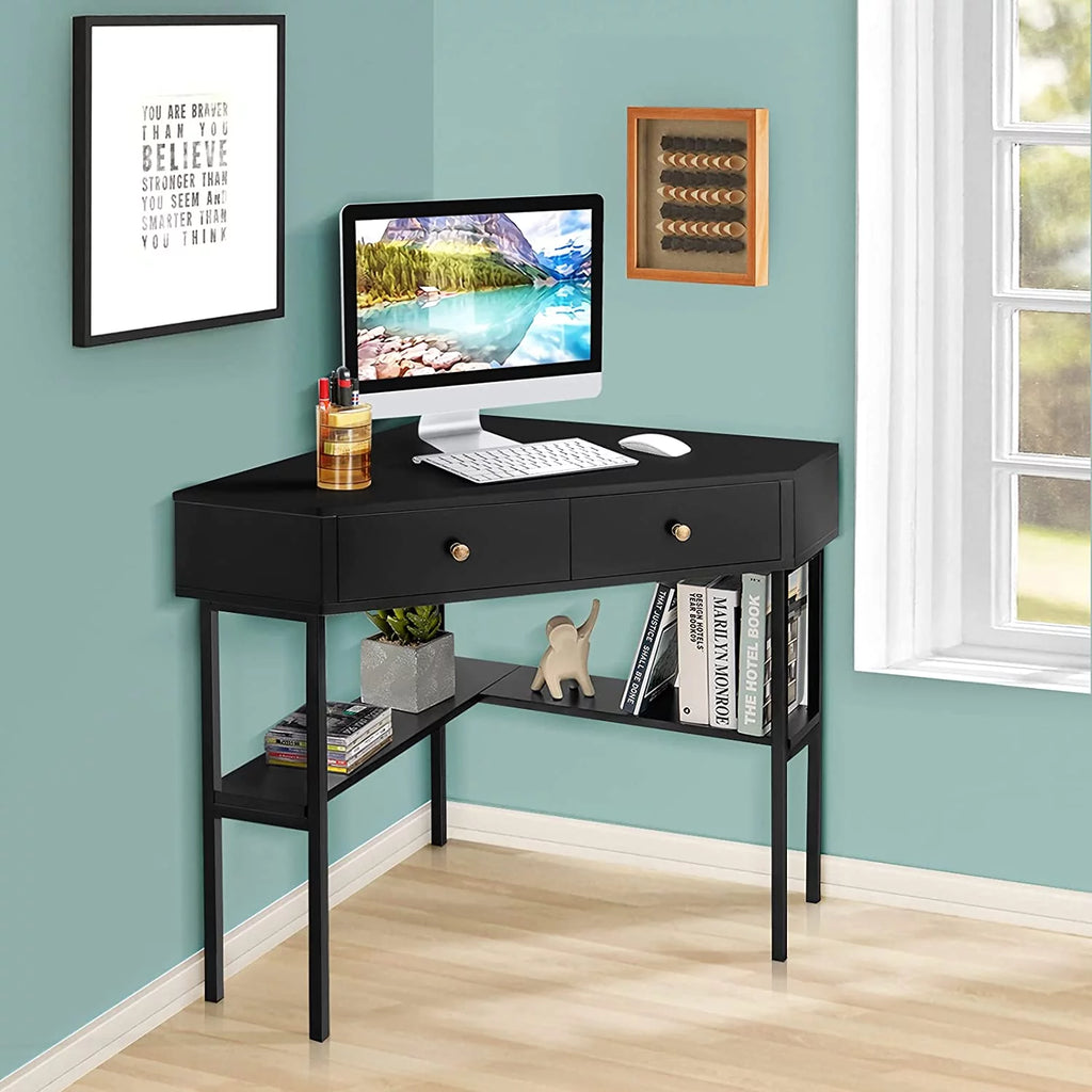 Corner Desk with 2 Drawers, Storage Shelves & Steel Frame S366