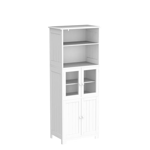 White Tall Bathroom Storage Cabinet with 2 Open Compartments and 2 Cabinets with Doors G743850