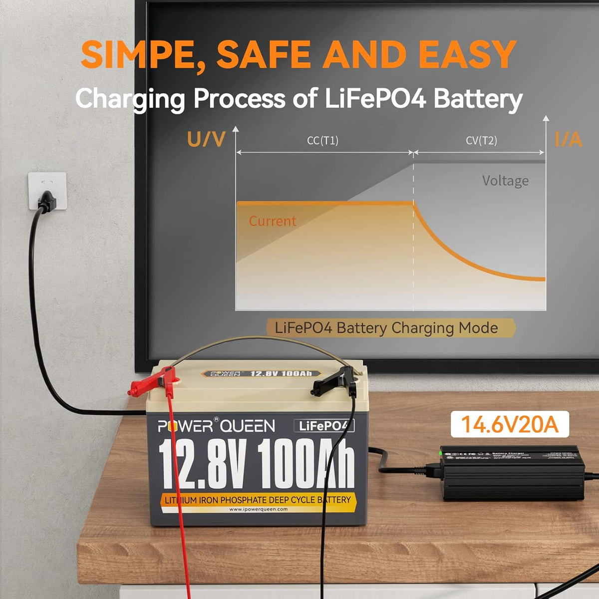12.8V 100Ah LiFePO4 Battery with 14.6V 20A LiFePO4 Battery Charger M544