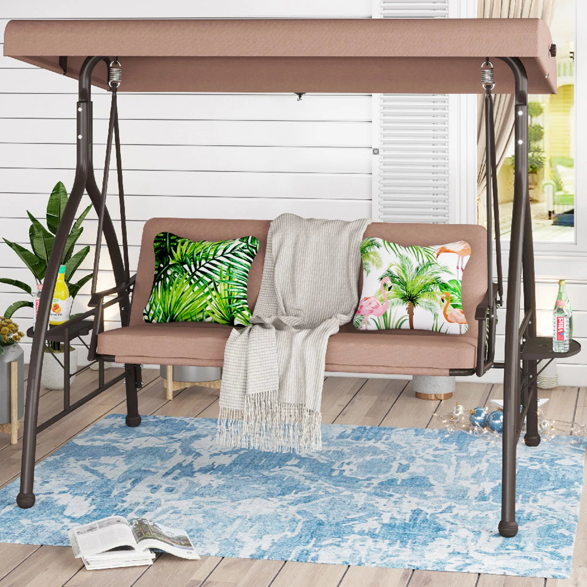 3-Seat Outdoor Converting Canopy Swing Glider Hammock with Foldable Side Table - Beige W212