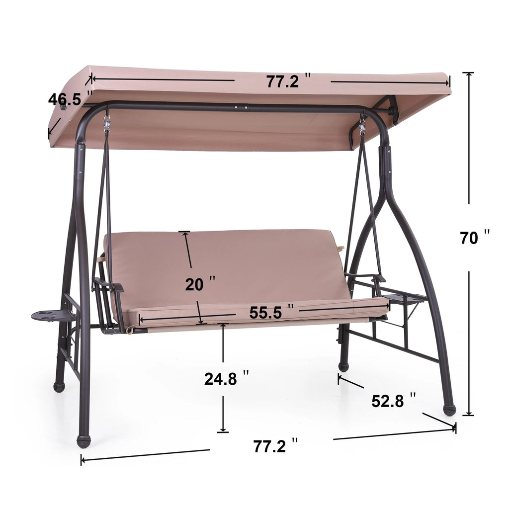 3-Seat Outdoor Converting Canopy Swing Glider Hammock with Foldable Side Table - Beige W212