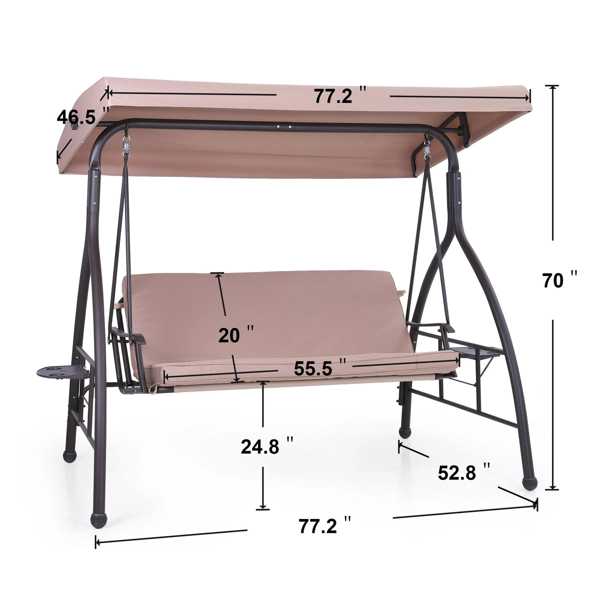3-Seat Outdoor Converting Canopy Swing Glider Hammock with Foldable Side Table - Beige W212