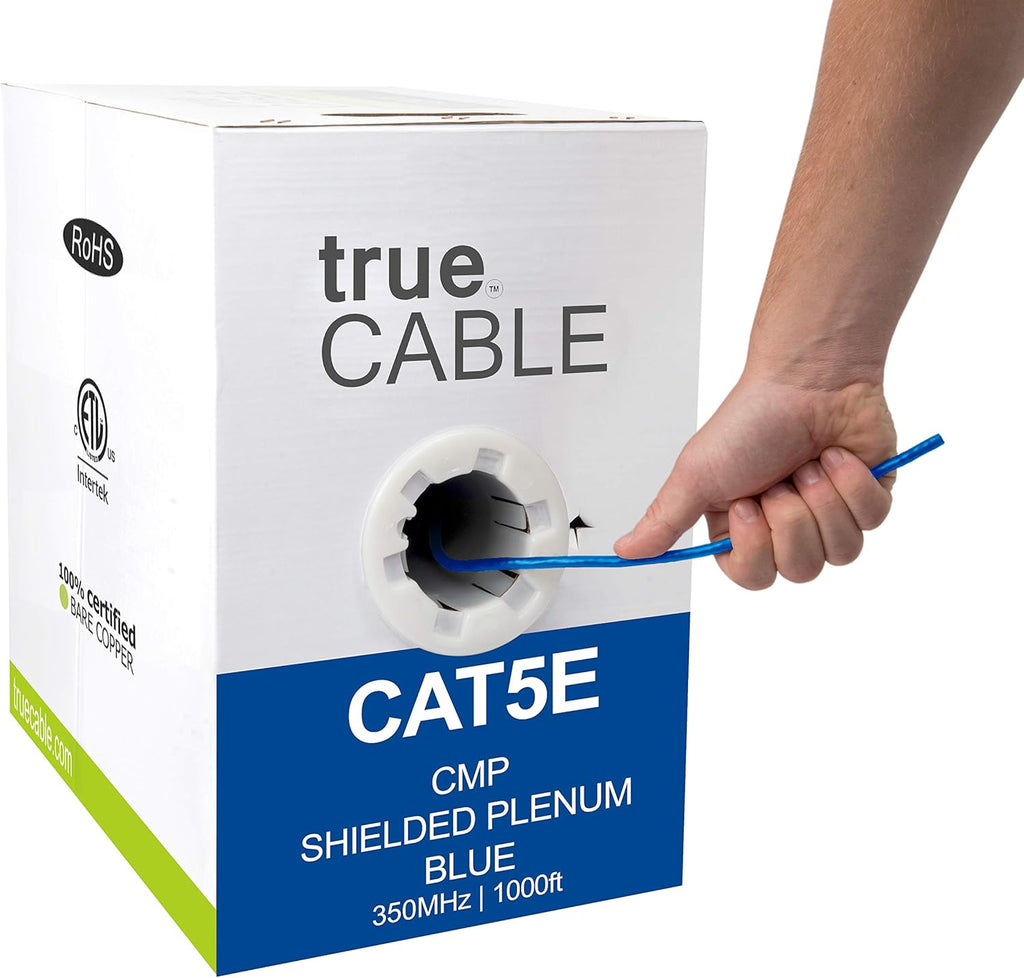 Cat5e Shielded Plenum 1000ft Blue 24AWG Solid Bare Copper Ethernet Cable C14158