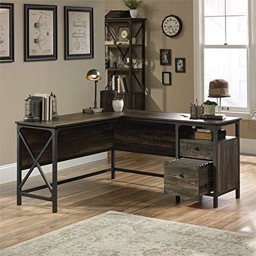 L Shape Corner Desk in Rustic Carbon Oak and Black B2200
