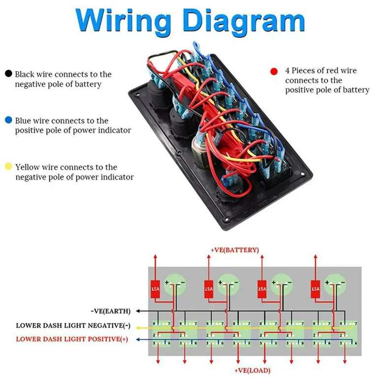 8 Gang Blue Backlit 12V Pre-wired Switch Panel with Dual USB Charger Digital Voltmeter Cigarette Lighter R905350