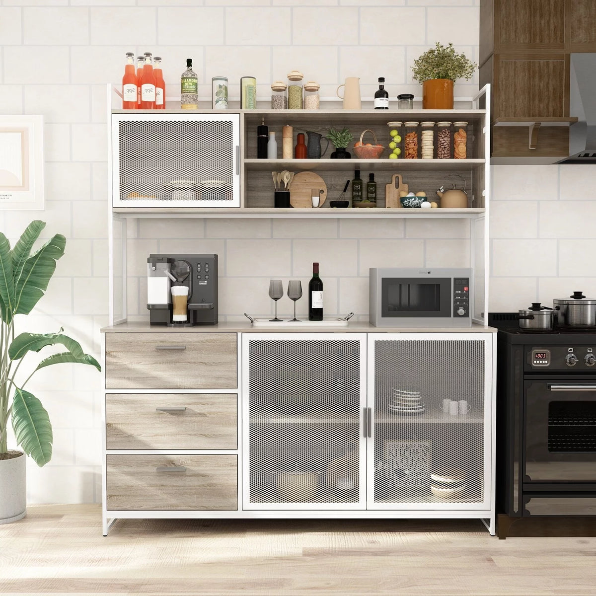 59"W 68.5"H Oak Kitchen Pantry Storage Cabinet with Hutch E5503