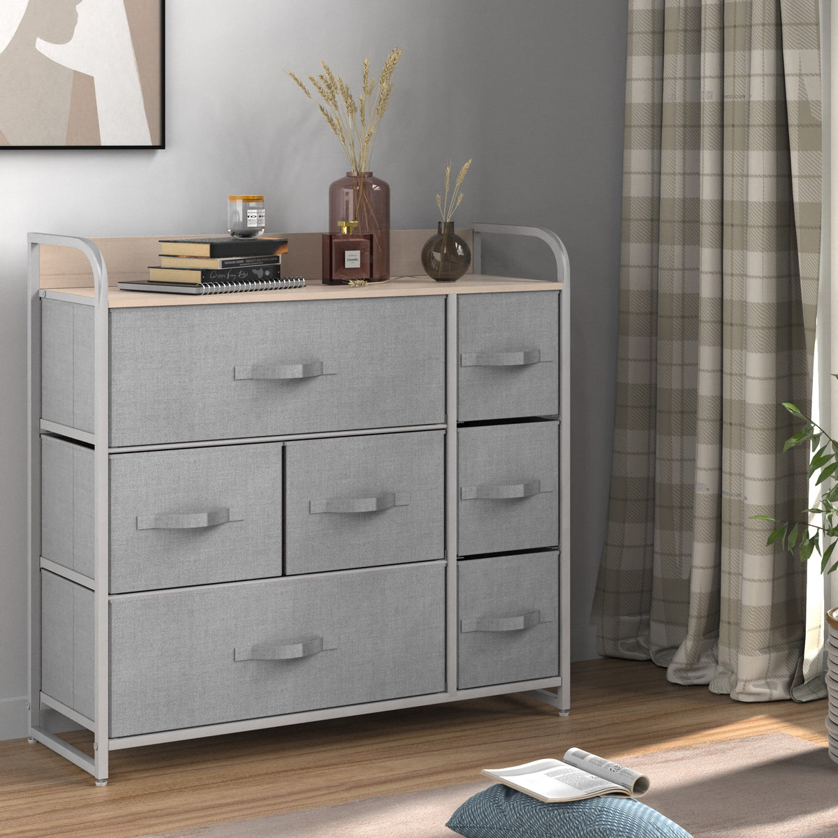 7 Drawer Fabric Storage Dresser with Wooden Top Q22914