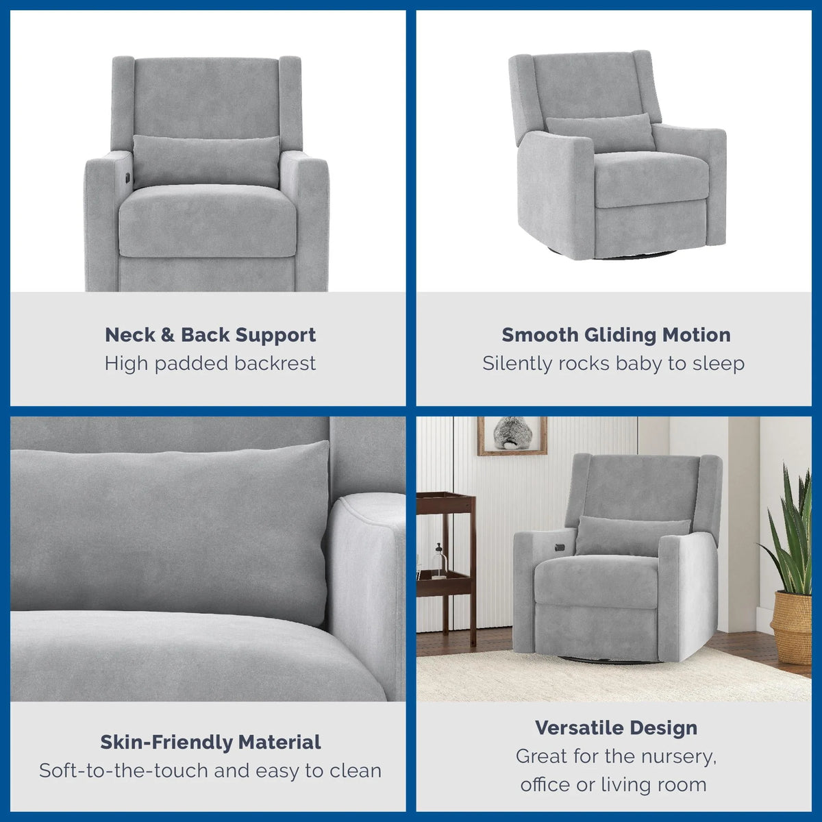 Gray Velvet Swivel Glider Recliner with USB Ports T655