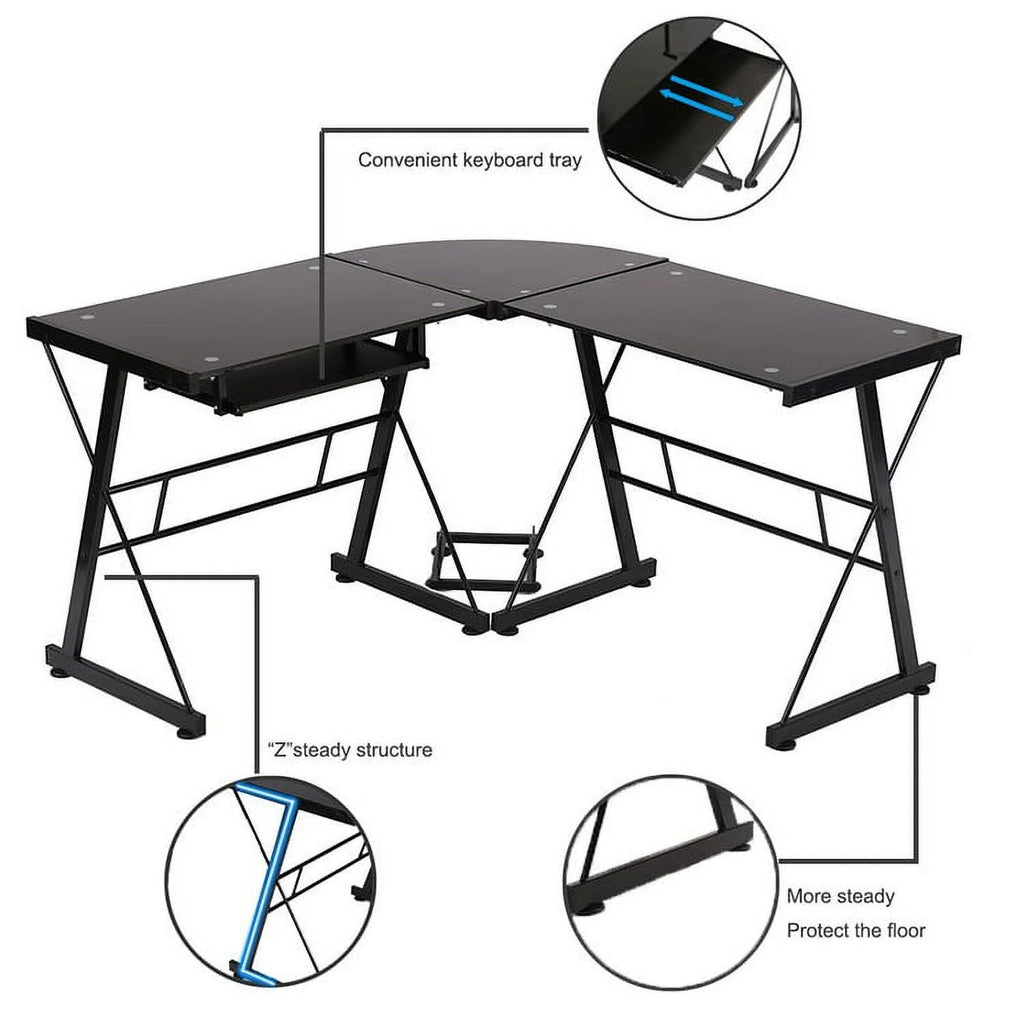 L-Shaped Tempered Glass Computer Desk with Shelf & Keyboard Tray C874