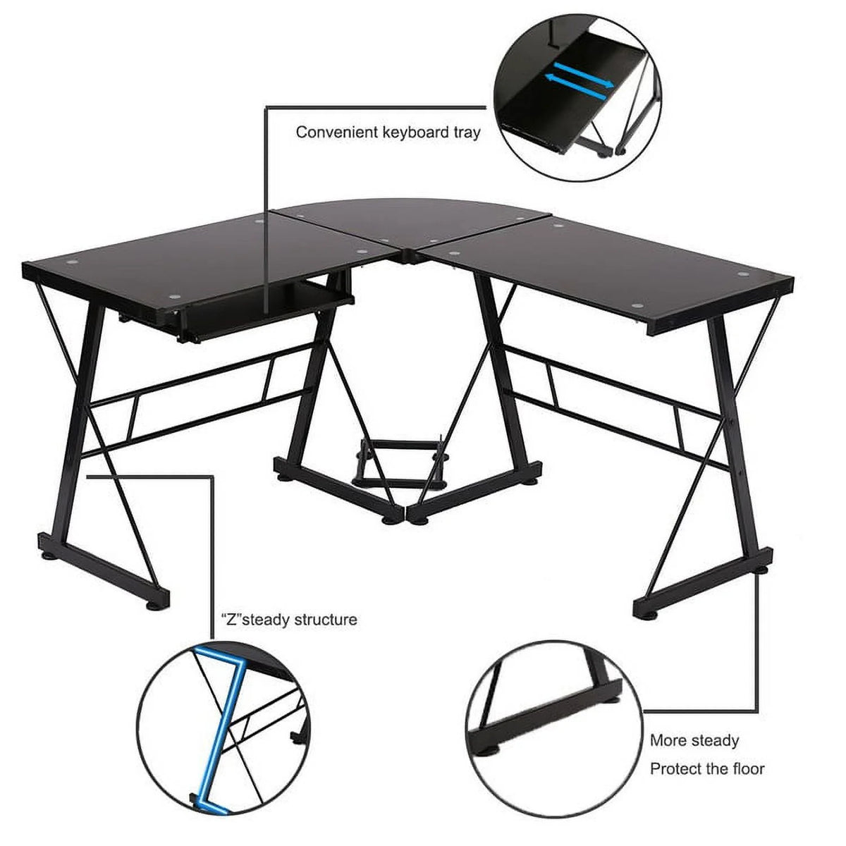 L-Shaped Tempered Glass Computer Desk with Shelf & Keyboard Tray C874